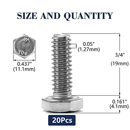 1/4-20 x 3/4" Hex Head Screw Bolt, 20Pcs 18-8 (304) Stainless Steel, Fully Threaded, Plain Finish, by SG TZH - size: 1/4-20 x 3/4"