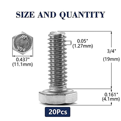 1/4-20 x 3/4" Hex Head Screw Bolt, 20Pcs 18-8 (304) Stainless Steel, Fully Threaded, Plain Finish, by SG TZH - size: 1/4-20 x 3/4"