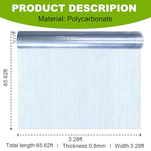 Polycarbonate Roofing Sheet 65.62 ft×3.28 ft, 0.8mm Thick Resistant Rainproof Transparent Polycarbonate Greenhouse Panels, Insulated Clear Roof Panels for Pergola Patio Gardening, Farming, Agriculture - size: 65.62 ft× 3.28 ft
