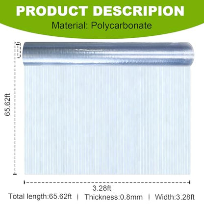Polycarbonate Roofing Sheet 65.62 ft×3.28 ft, 0.8mm Thick Resistant Rainproof Transparent Polycarbonate Greenhouse Panels, Insulated Clear Roof Panels for Pergola Patio Gardening, Farming, Agriculture - size: 65.62 ft× 3.28 ft