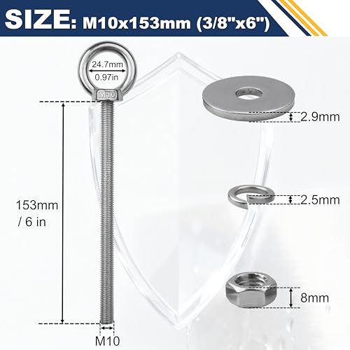 2 Pack M10 Stainless Steel Eye Bolts with Nuts,3/8" x 6" Eye Bolts - size: M10x153mm (3/8"x6")
