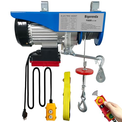 Electric Hoist 2 in 1,Electric Hoist 1320lbs, Bigorenda 110v Electric Hoist Winch with 328ft Wireless Control & Wired Remote Control, 65.6ft Lifting Garage Lift Hoist,for Factories, Warehouses, Attic - color: Sky blue
