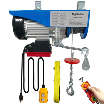 1320lb Electric Hoist with Remote Control/Wired Control, Electric Hoist 2 in 1, 110v Electric Hoist with Single/Double Slings,65.6/33ft Lifting Height, for Factory Attic Garage Warehouse - color: Sky blue