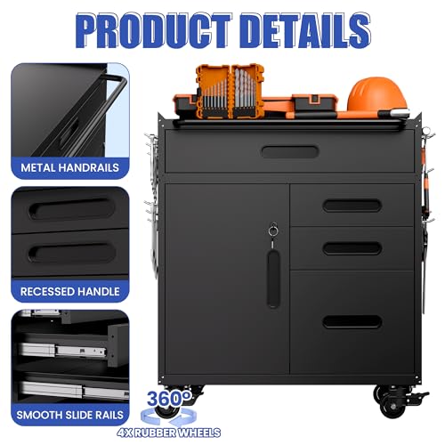 Metal Mobile Tool Storage Cabinet with 4 Drawer and 1 Locking Door - color: Black, style: 4 drawers 1 door with wheels