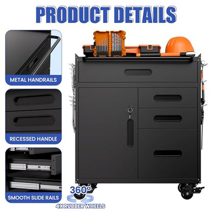 Metal Mobile Tool Storage Cabinet with 4 Drawer and 1 Locking Door - color: Black, style: 4 drawers 1 door with wheels