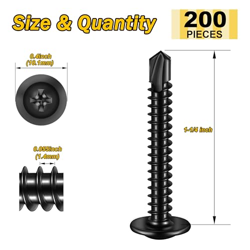 Mywish 200Pcs #8×1-1/4" Black Self Tapping Screws for Metal, 410 Black Metal Screws Oxide Stainless Steel Truss Head Self Drilling Screws High-Strength - color: Black, size: #8x1-1/4" (200 pcs)