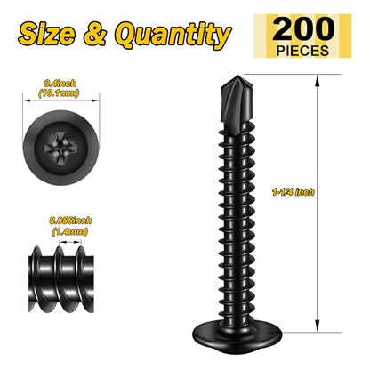 Mywish 200Pcs #8×1-1/4" Black Self Tapping Screws for Metal, 410 Black Metal Screws Oxide Stainless Steel Truss Head Self Drilling Screws High-Strength - color: Black, size: #8x1-1/4" (200 pcs)