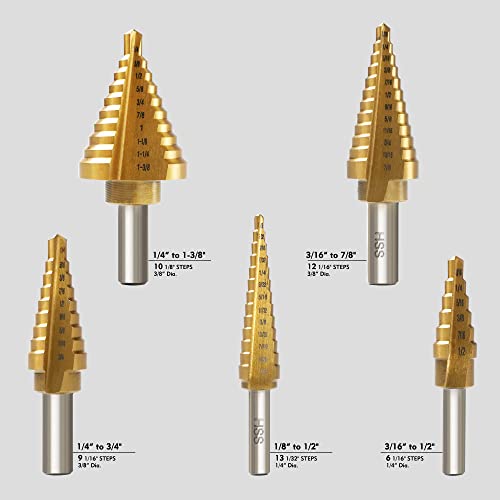 GMTOOLS 6 Pcs Step Drill Bit Set, High Speed Steel Unibit Drill Bits, Stepped Up Bits & Automatic Center Punch for Sheet Metal, DIY Lovers with Aluminum Caes, Total 50 Sizes for Multiple Hole - style: 6PCS
