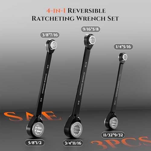 SUZUME 4 in 1 Reversible Double Box End Ratcheting Wrench set 3PCS SAE - size: SAE