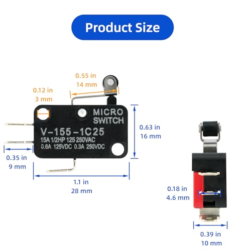 12 Pcs Micro Limit Switch with Short Hinge Roller Lever SPDT 1NO 1NC Microswitch V-155-1C25 - size: Short Hinge Roller Lever (V-155-1C25)