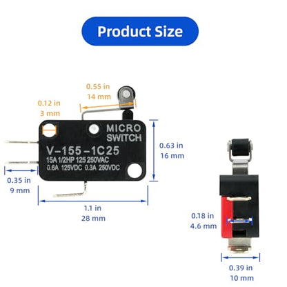 12 Pcs Micro Limit Switch with Short Hinge Roller Lever SPDT 1NO 1NC Microswitch V-155-1C25 - size: Short Hinge Roller Lever (V-155-1C25)