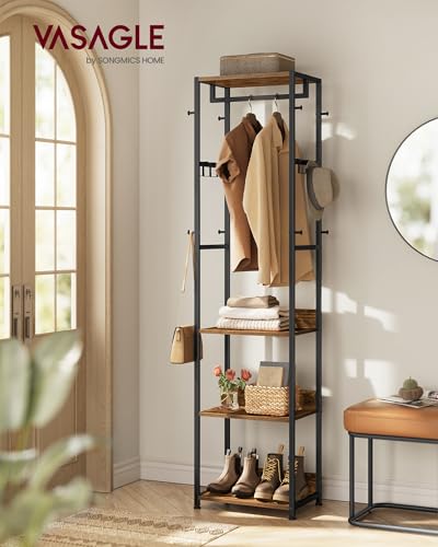 VASAGLE Freestanding Coat Rack, Hall Tree with Shelves, Steel Frame - color: Ink Black + Rustic Brown, style: Industrial
