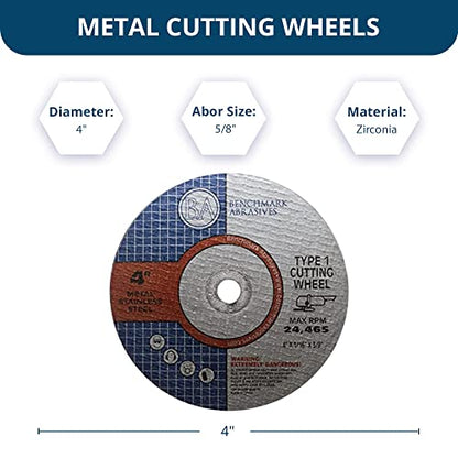 Benchmark Abrasives 4" Type 1 Aluminum Oxide Thin Cut Off Wheel 0.040" Thick 5/8" Arbor, Aggressive Metal Cutting Grinding Wheel for Stainless Steel, Cast Iron, Angle Grinder Discs - 25 Pack