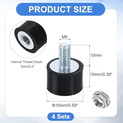 uxcell M5 Rubber Mounts, 4Pcs 15x10mm(DxH) Rubber Cylindrical Anti Vibration Isolator Shock Absorber with Lock Nut for Car Bobbin Generator Air Compressors - size: M5x10mm, 15x10mm Rubber