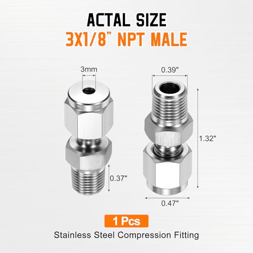 3mm OD Compression x 1/8" NPT Male Union Coupling Connector - size: 1/8"OD x 1/8" NPT Male