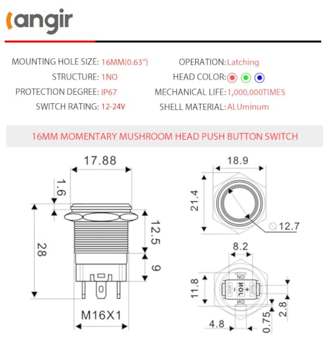 15Amp Latching Push Botton Switch 2PCS,16mm(0.63”) 12V-24V Black Shell AC/DC IP67 Waterproof with Blue LED Angel Eye Light On and Off with Wire Socket. - color: Blue, size: 16mm
