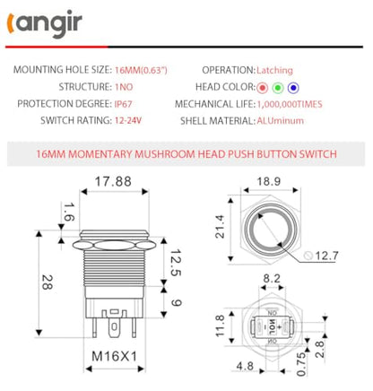 15Amp Latching Push Botton Switch 2PCS,16mm(0.63”) 12V-24V Black Shell AC/DC IP67 Waterproof with Blue LED Angel Eye Light On and Off with Wire Socket. - color: Blue, size: 16mm
