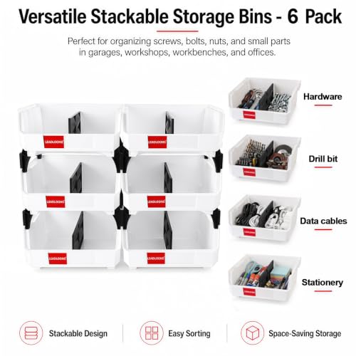 6 Pack Stackable Storage Bins Heavy Duty Parts Organizer White - color: White-6 Pack, size: 11"x11"x5"
