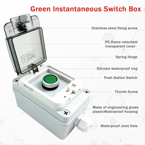 Green Momentary Push Button Switch Box, IP67 Waterproof Outdoor Industrial Start/Stop Control Station with Protective Cover, 22mm 1NO 1NC Anti-Misoperation Button Enclosure - color: Green button switch box