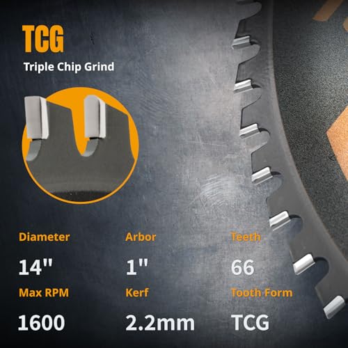 POWERTEC 14" Cold Saw Blade, 66T TCG, 1" Arbor, 1600 RPM, 2 Pack (14014-P2) - size: 14", 1" Arbor, 66T, 2pcs
