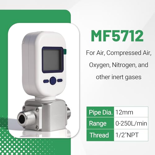 1/2" NPT Portable Digital Thermal Mass Flow Meter for Compressed Air, Nitrogen, Oxygen - 0-250L/min (15m³/h) High Capacity Flow Meter with LCD & RS485 Modbus (MF5712) - size: 1/2" NPT (MF5712)