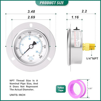 0-300PSI Panel Mount Front Flanged Glycerin Filled Pressure Gauge, 2.5" Dial Size, 1/4" MNPT Back Mount, Stainless Steel Case, with Phillips Screw and Nut, for Water, Gas, Liquid Pressure - color: Liquid Filled - Stainless Steel Case, size: 0-300PSI