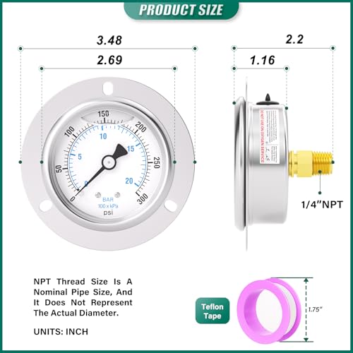0-300PSI Panel Mount Front Flanged Glycerin Filled Pressure Gauge, 2.5" Dial Size, 1/4" MNPT Back Mount, Stainless Steel Case, with Phillips Screw and Nut, for Water, Gas, Liquid Pressure - color: Liquid Filled - Stainless Steel Case, size: 0-300PSI