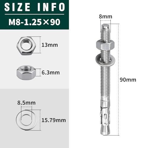 10-Pack M8-1.25 x 90 Wedge Anchors, Stainless Steel 304 (18/8), Concrete Anchor for Heavy-Duty Projects - size: M8-1.25 x 90