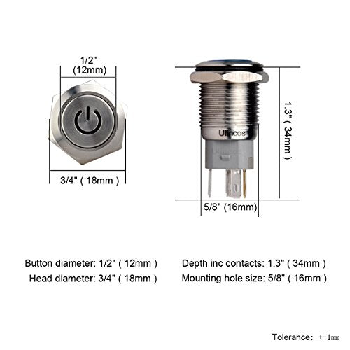 Latching Push Button Switch U16F5 1NO1NC SPDT ON/Off Silver Stainless Steel Shell with Blue Power Symbol LED Suitable for 16mm 5/8" Mounting Hole (Blue) - color: Silver with Blue LED