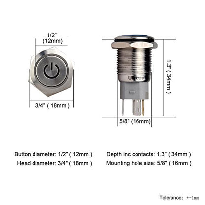 Latching Push Button Switch U16F5 1NO1NC SPDT ON/Off Silver Stainless Steel Shell with Blue Power Symbol LED Suitable for 16mm 5/8" Mounting Hole (Blue) - color: Silver with Blue LED