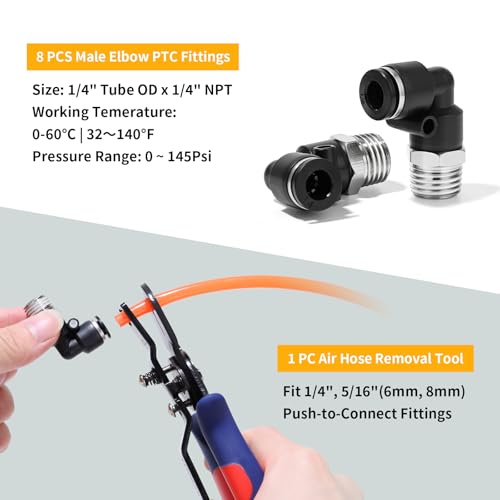 Air Line Removal Tool with 8Pcs Male Elbow Push to Connect Fittings