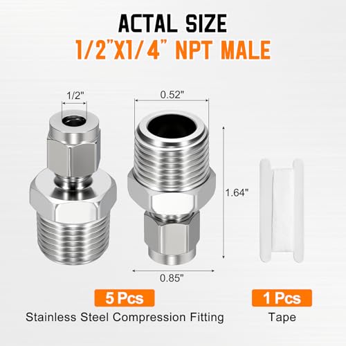 5 Pack 1/2" OD Compression x 1/4" NPT Male Union Coupling Connector - size: 1/2" OD Compression x 1/4" NPT Male
