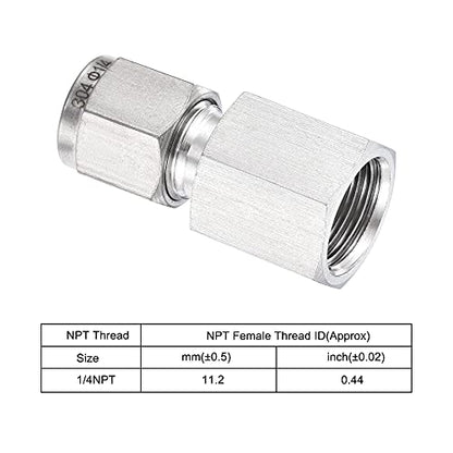 uxcell Compression Tube Fitting 1/4NPT Female Thread x 1/4" Tube OD Straight Coupling Adapter 304 Stainless Steel - size: 0.25 Inch