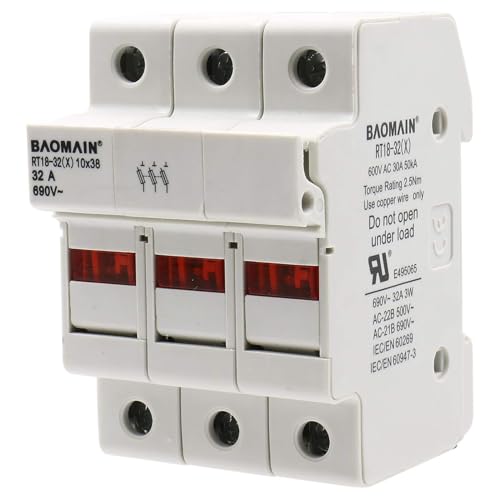 BAOMAIN 3P 600V 30A DIN Rail Fuse Holder for 10x38mm Fuses,UL White