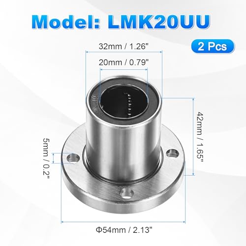 PATIKIL LMK20UU Linear Ball Bearings 20mm Bore Dia 32mm OD 42mm Long 5mm Hole, 2Pcs Round Flange Linear Motion Bushing Double Side Rubber Sealed Rod Liner Shaft for CNC Machine 3D Printer - size: 20mm