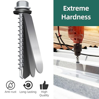 100-pack #10 x 3/4 Hex Head Self-Drilling Metal Roofing Screws with EPDM Washer, Zinc Plated Wood Screws, Self Tapping Sheet Metal Roof Screws (Diamond Point) - color: Silver, size: #10 x 3/4"