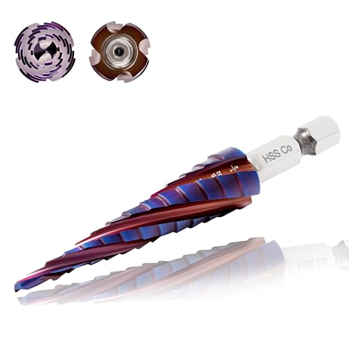 Four Spiral Flute Cobalt Step Drill Bit(Pro),M35 High Speed Steel,1/4" Hex Shank Step Bits for Metal, Stainless Steel, Aluminum, Plastic,1/8" - 1/2"(13 Step Size) - size: 1/8" - 1/2"