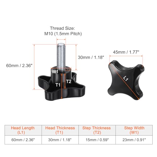 HARFINGTON 2pcs Star Knobs M10 x 30mm Male Thread Plastic 4-Star Stud Knob Hand Tightening Clamping Screw Replacement Threaded Handle, Black - size: M10 x 30mm