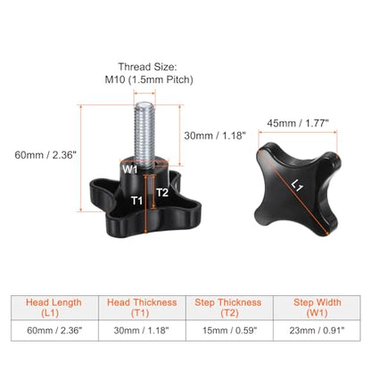 HARFINGTON 2pcs Star Knobs M10 x 30mm Male Thread Plastic 4-Star Stud Knob Hand Tightening Clamping Screw Replacement Threaded Handle, Black - size: M10 x 30mm