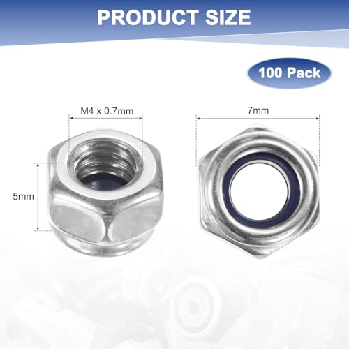 M METERXITY 100-Pack Nylon Insert Hex Lock Nuts, M4 x 0.7mm Thread 304 Stainless Steel Self-Locking Locknuts Hexagon Nut Metric Nuts for Machinery/Home Repair/Industrial Fasteners - size: M4 x 0.7mm