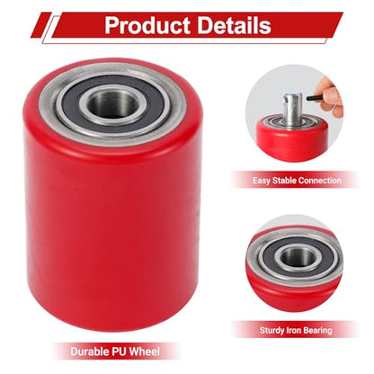 Two Packs of Pallet Jack/Truck Wheels 3” x 3.75” PU Poly Tread, 20mm ID Bearings, Full Set with Axles, Pins and Entry Exit Roller - color: Red