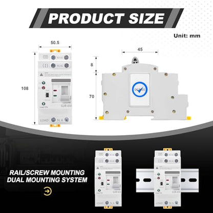 63Amp 110V AC Mini ATS Automatic/Manual Transfer Switch, 2Pole G2R Solar Auto Dual Power Changeover Switch for Home, Din Rail Mounted 50/60Hz CE Certified for Rv, Lv, Cn Public/Backup Power