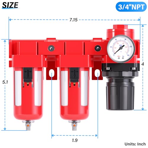 TAILONZ PNEUMATIC 3/4 Inch NPT 150PSI 3 in 1 Air Filter Pressure Regulator Combo Piggyback, Air Tool Compressor Filter, 5 Micron Filter Element(Manual Drainage) - size: 3/4 Inch NPT