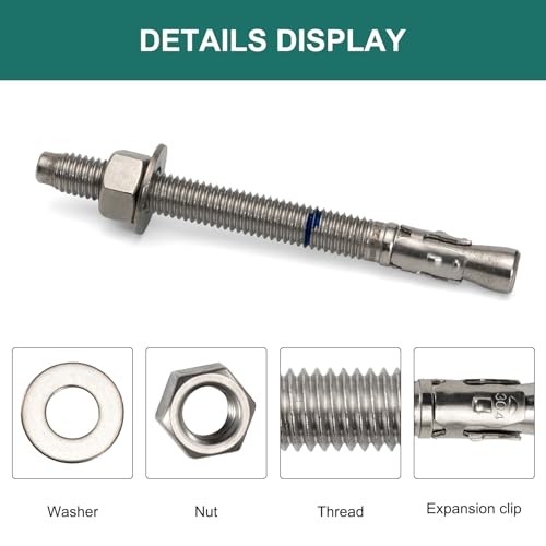 1/2" x 4-1/4" Concrete Anchors (12 Pack) 1/2 inch Wedge Anchors Bolts Stainless Steel - size: 1/2"x4-1/4"