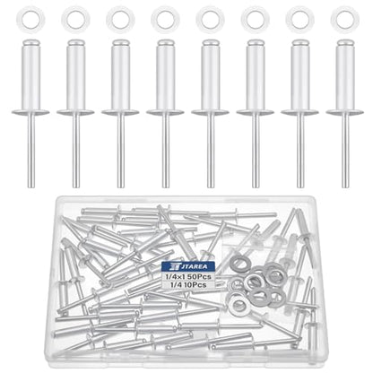 60pcs 1/4" x 1" Silver Aluminum Pop Rivets with Stainless Steel Washers 6.4 x 25mm Blind Rivet Assortment Kit - size: 1/4*1