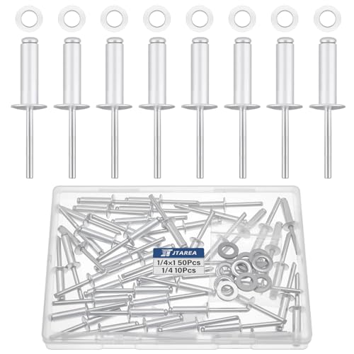 60pcs 1/4" x 1" Silver Aluminum Pop Rivets with Stainless Steel Washers 6.4 x 25mm Blind Rivet Assortment Kit - size: 1/4*1