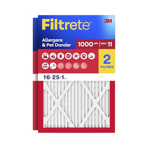 Filtrete 16x25x1 Air Filter, MERV 11, MPR 1000, Allergens & Pet Dander, 3-Month AC and Furnace Filters, Cleaner Air, Reliable Airflow, 2 HVAC Filters (Actual Size 15.68 x 24.68 x 0.81 in) - size: 16x25x1
