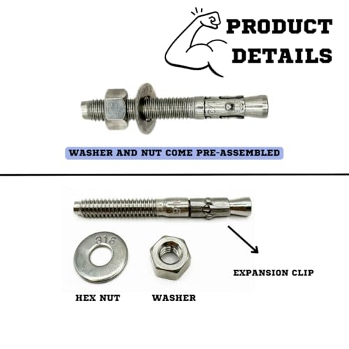 MIGHTY FASTENERS 316 SS Wedge Anchors 1/2"-13 x 5, 10 Pack - size: 1/2"-13 X 5"