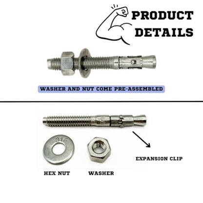 MIGHTY FASTENERS 316 SS Wedge Anchors 1/2"-13 x 5-1/2", 10 Pack - size: 1/2"-13 X 5-1/2"