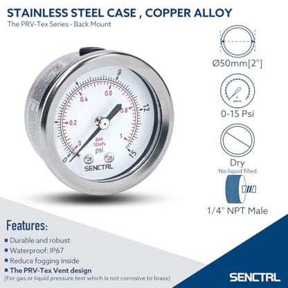 SENCTRL 0-15 Psi Low Pressure Gauge, 1/4" NPT Back Mount - size: 0-15Psi, style: Back Mount